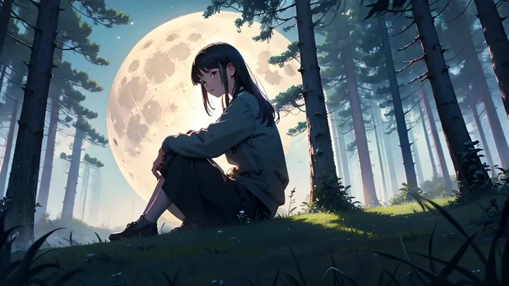 girl sitting on a lawn, looking at the full moon, in an open forest