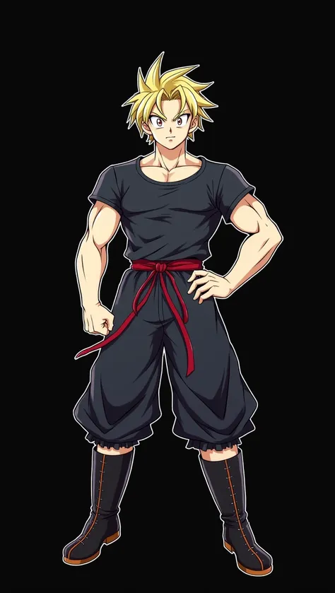 character, masculine, dragon ball style, Short blonde hair, slanted eyes and brown color, dark blue t-shirt, black boots with a red ribbon, black ribbon at the waist, anime, 4k, White background