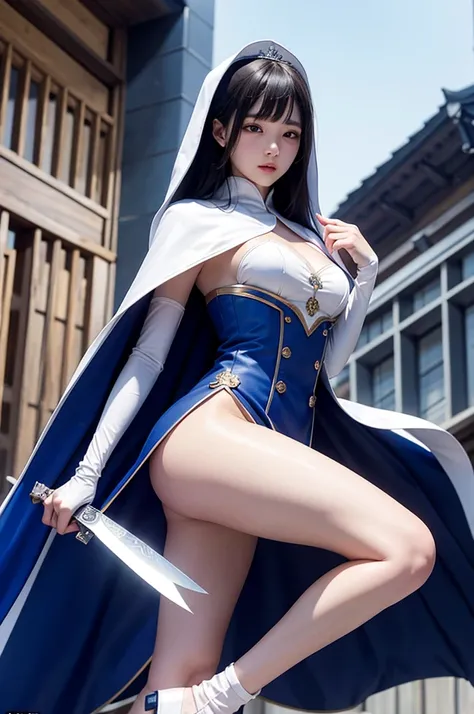 South korea asssassin  walk women mystery hooded on with modern royal Blue coat with buttons and royal Blue cape and very high white heel over the knee and white gloves, As she reveals a small secret hidden blade, adding to the character’s mysterious and a...