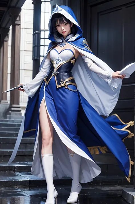 South korea asssassin walk women mystery hooded on with modern royal Blue coat with buttons and royal Blue cape and very high white heel over the knee and white gloves, As she reveals a small secret hidden blade, adding to the character’s mysterious and ag...