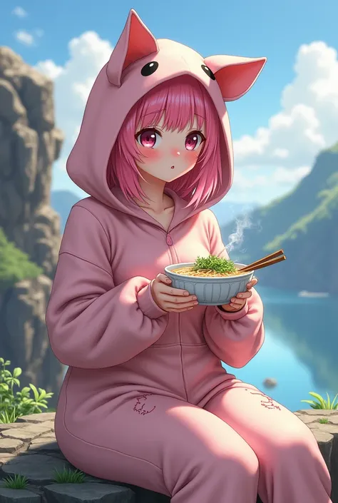 Beautiful boy with pink, succulent, sexy hair and very sensual curves, rather sloppy pig cosplay with torn suit, delicate and clearly blushing face and facial features, highly detailed, 8K, riding on a rock eating soba, a yaoi anime masterpiece