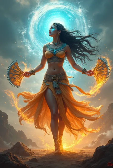 An indigenous woman warrior with fans In the avatar state dominating water, land, fire and air In the avatar state eyes glowing like an avatar
