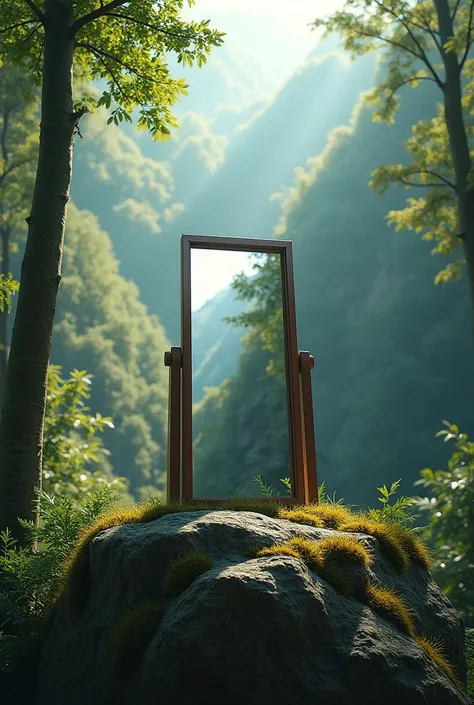 An empty mirror on top of a mountain in the green forest