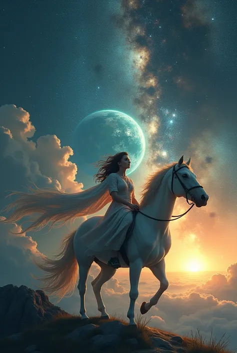 Create an image showing a woman riding a horse., seeing from the earth the greatness of the universe 