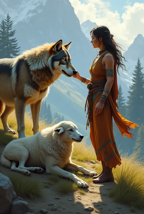 woman congratulating a wolf for eating the sheep