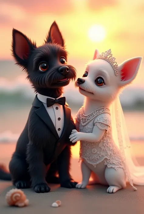 (photorealism:1.2),Black Scottish Terrier getting married on the beach with a white Chihuahua