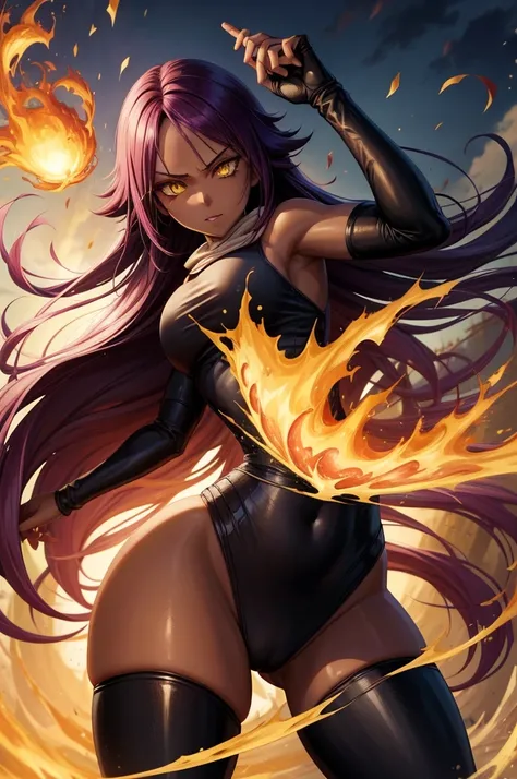 best qualityer, expressive eyes, face perfect, from front view, Shihouin Yoruichi (Bleach), darkskin, ((collant preto)), arm gloves, Stockings, yellow  eyes, cabelo roxo, long hair, hypdertailed, thicc thighs, Burning Forest