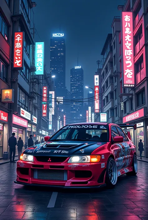 Draw a Mitsubishi Lancer Evo 6 of the 2000s tuning with landscape japanese city nocturne 8 bits


