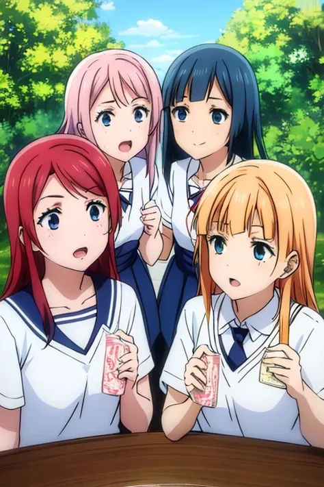 group of 4 girls, wearing sky blue school dresses, red bandana attached to white sailor collar. one has long orange hair and gre...