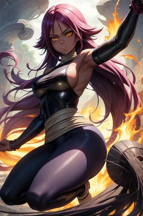 best qualityer, expressive eyes, face perfect, from front view, Shihouin Yoruichi (Bleach), darkskin, ((collant preto)), arm gloves, Stockings, yellow  eyes, cabelo roxo, long hair, hypdertailed, thicc thighs, Burning Forest