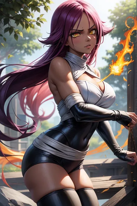 best qualityer, expressive eyes, face perfect, from front view, Shihouin Yoruichi (Bleach), darkskin, ((collant preto)), arm gloves, Stockings, yellow  eyes, cabelo roxo, long hair, hypdertailed, thicc thighs, Burning Forest