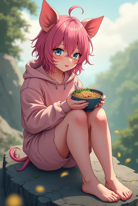 Beautiful boy with pink, succulent, sexy hair and very sensual curves, rather sloppy pig cosplay with torn suit, delicate and clearly blushing face and facial features, highly detailed, 8K, riding on a rock eating soba, a yaoi anime masterpiece