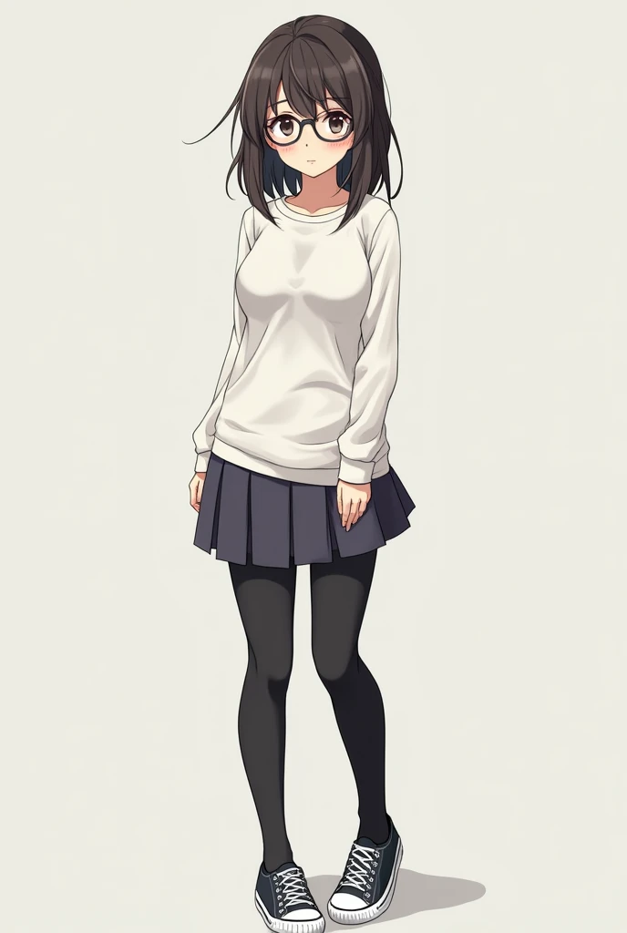 A girl with a white tight long-sleeved shirt with a skirt, a pleated skirt, black leggings, canvas shoes and glasses and the girl has good-sized anime-style breasts and butt.