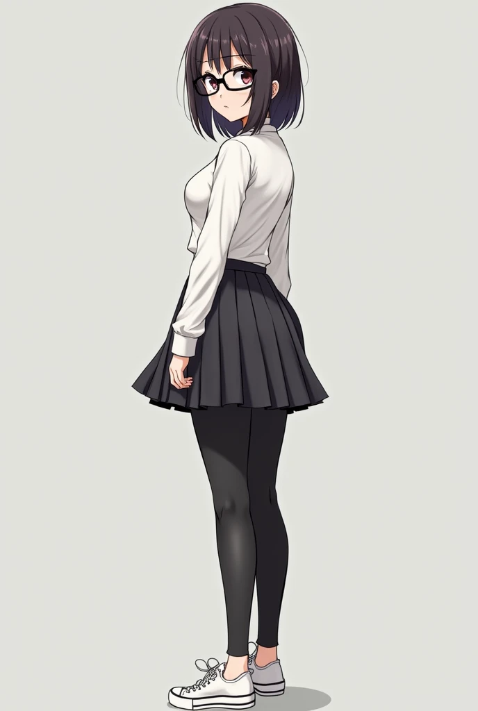 A girl with a white tight long-sleeved shirt with a skirt, a pleated skirt, black leggings, canvas shoes and glasses and the girl has good-sized anime-style breasts and butt.