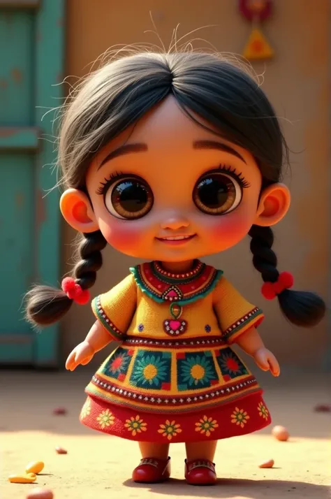 Create an animated image of a cute little doll with big eyes and braids wearing a traditional costume from the culture of Guatemala.