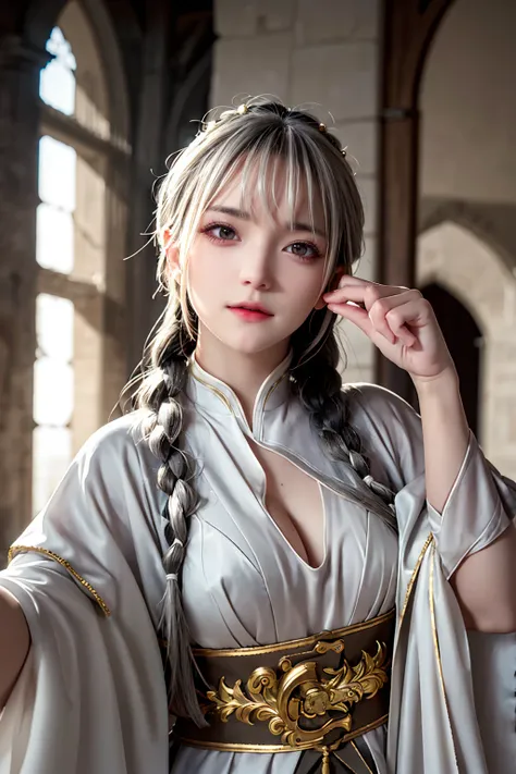 Highest quality, masterpiece,Gray Hair, Golden Eyes,White clothes, look up, Upper Body,hair,Fair skin,Side braid、knight、Inside the medieval castle