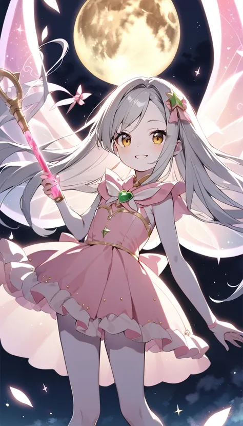 Magical girl, 12 years old, flat chest, Night Sky, smile, Golden Eyes, Gray Hair, Long Hair, Pink costume, Pure white skin, Fairy Wings, Magic Stick, Full moon background, Backlight, Flying in the air, wink, 