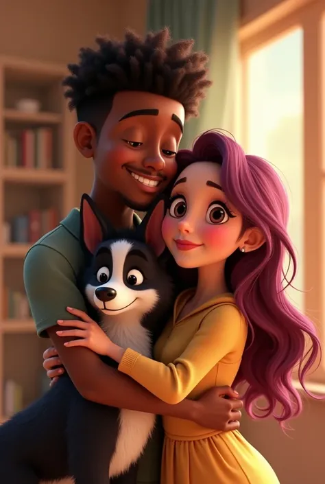 Disney Pixar-type animation of a young Colombian man with dark skin, cheek, a chubby one, Short curly black hair with a fade cut, thin nose, thin eyebrows and short beard. Hugging a chubby young woman with long violet red hair very lovingly, white skin and...