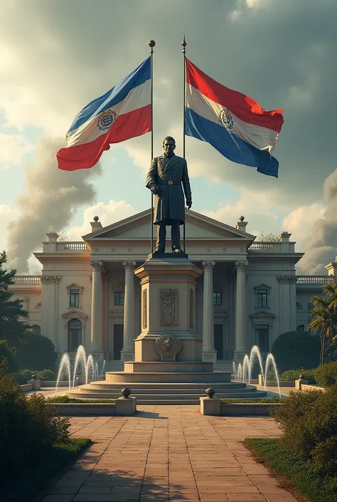 My one-story mansion with a statue in the middle of a war marshal with flags of the Republic of Paraguay 