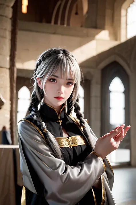 Highest quality, masterpiece,Gray Hair, Golden Eyes,knight, look up, Upper Body,hair,Fair skin,Side braid、knight、Inside the medieval castle