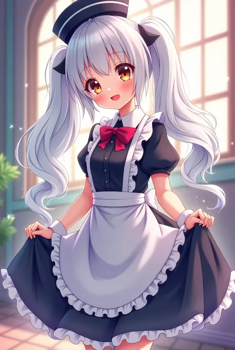 Makes a girl with white hair maid clothes and has white skin and a black ushanka and two pigtails alaod hair IA anime girls 