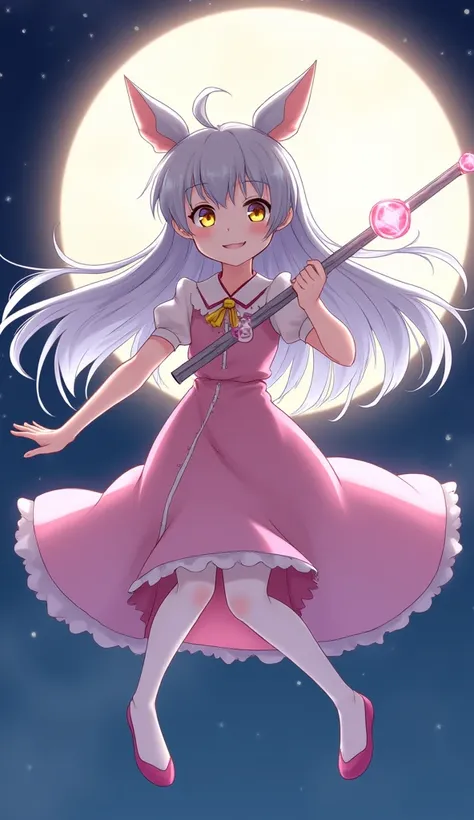 japanese anime style, high resolution, Magical girl, 12 years old, flat chest, Night Sky, smile, Golden Eyes, Gray Hair, Long Hair, Pink costume, Pure white skin, Fairy Wings, Magic Stick, Full moon background, Backlight, Flying in the air, wink, 