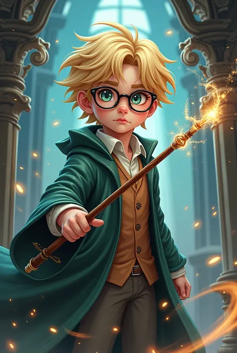 create a blonde drawing holding a wand and wearing glasses