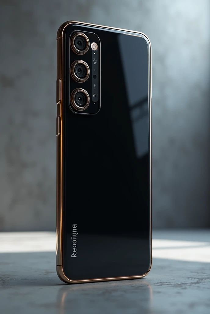 Create an image of a high-end cell phone of the future with 3 vertical cameras, matte black, glass back and gold edges, the main screen that has no edges and the design is similar to that of the phone 15 pro max but with the cameras vertically