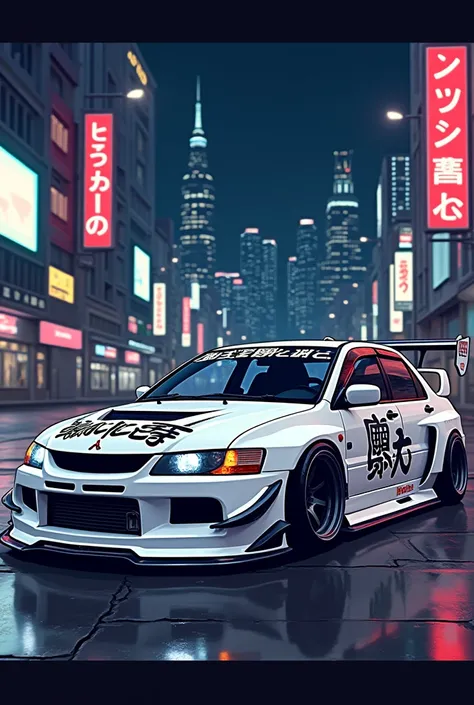 Draw a Mitsubishi Lancer Evo 6 of the 2000s tuning white with letter japaneses in the Hood with landscape japanese city nocturne 8 bits


