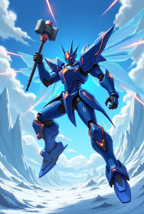 A warrior in technological blue armor, invisible hammer, with turbines on the legs wings on the feet, speed rays, fighting on the ice, アニメ