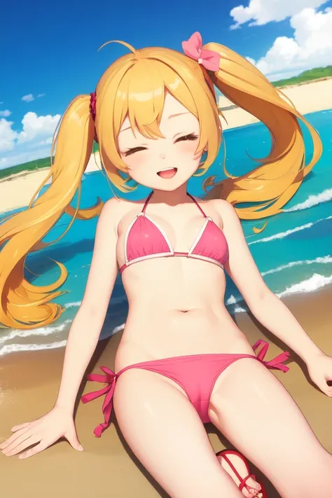 Best quality, cute anime girl, small girl, long pigtails hairstyle, sleeping on stomach, blonde hair, pink bikini, pink sandals, happy, beach background