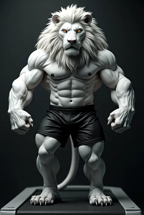 muscular velues as the king on the treadmill, serious expression, sheen, velues, an anthropo (White Lion), one year, a muscular old man, facial hair, extremely detailed muscle, detailed Face, Face, detailed eyeballs, eyeballs, Pose dinânica, detailed muscl...