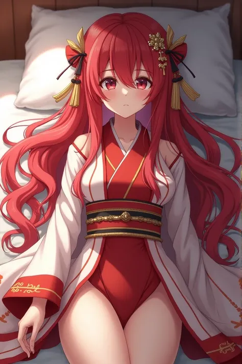 ((best quality)), ((masterpiece)), (detailed), Perfect face，Red and white kimono，The cuffs and lapels of the large sleeves are tied with this red silk scarf，Shrine maiden，Red long hair，Delicate brushstrokes，Soft and smooth long hair，Round forehead，Long eye...