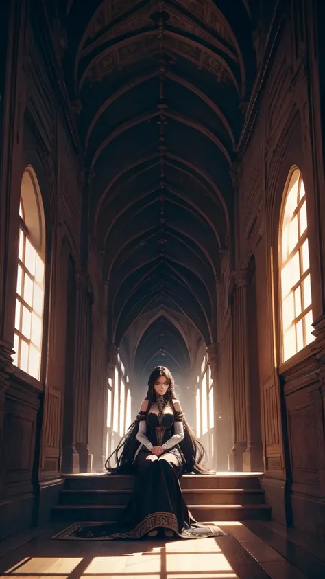 a beautiful princess with long hair sitting in a prison, anxious expression, ornate dress, fantasy, intricate details, cinematic lighting, dramatic atmosphere, highly detailed, 8k, photorealistic, masterpiece, digital art