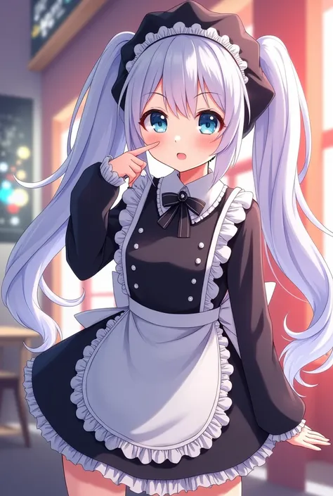 Makes a girl with white hair maid clothes and has white skin and a black ushanka and two pigtails alaod anime hair girls 