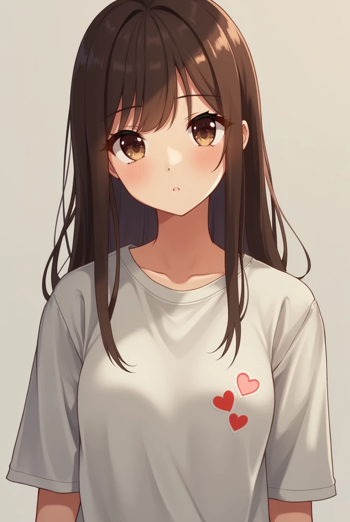 1girl, girl in an oversized t-shirt, very detailed face, long brown hair, brown eyes, masterpiece, better quality eyes