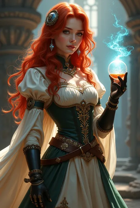 Draw a redheaded woman for a character in d&d being an artificer holding a plasma cannon in one hand and a potion in the other. Medieval princess clothes in red without sexualizing them
