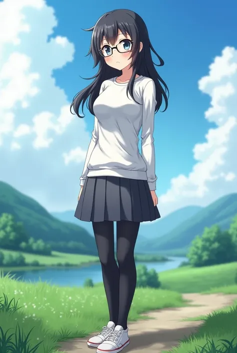 A girl wearing a white tight long-sleeved shirt with a skirt, a pleated skirt, black leggings, canvas shoes and glasses and the girl has good-sized anime-style breasts and butt with a beautiful landscape background