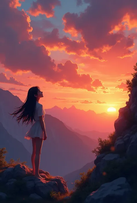 A brunette girl with straight hair and watching a sunset on top of a mountain side, with a beautiful smile and dark nrown eyes