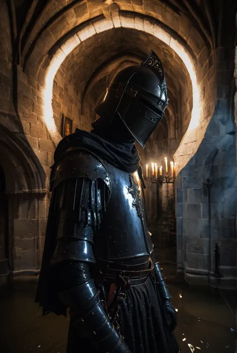 fisheye lens, portrait photo of medieval knight standing inside a gothic church, wet stone, puddles, infinite vaults, bloodborne, dramatic light, low key, candle light