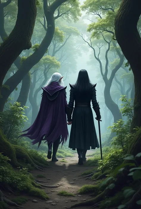 "In an ancient, mystical forest, two figures walk side by side, their presence both powerful and mysterious. Raven, a dark elf clad in deep purple leather armor, moves gracefully through the dense underbrush. His silver hair flows like a river of moonlight...