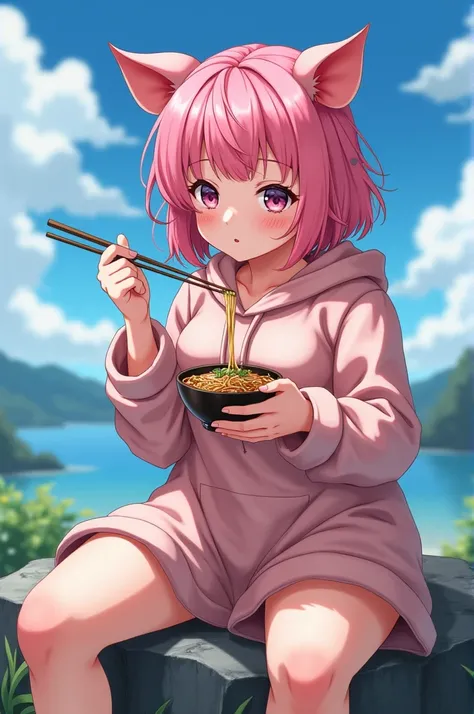 Beautiful boy with pink hair, succulent and sexy and very sensual curves, rather sloppy pig cosplay with torn suit, face and facial features delicate and a little rustic and clearly blushing, very detailed, 8K, riding on a rock eating soba, a yaoi work ani...