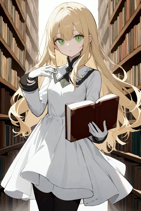 1 woman, alone, library, white dress, Ball joints, long sleeves ,long hair, blond hair, Green eye, looking at viewer, whole body, small breasts, expressionless, black stockings, White shoes, Eyes without pupils, white gloves, holding a book in one hand