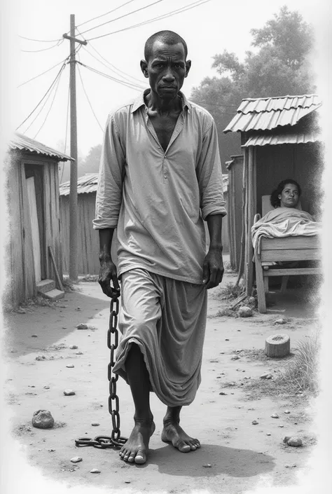 Pencil draw a somali man who appears depressed, with their leg chained, symbolizing financial problems, and an image of a woman lying in a hospital bed. Make it as it is in rural area.