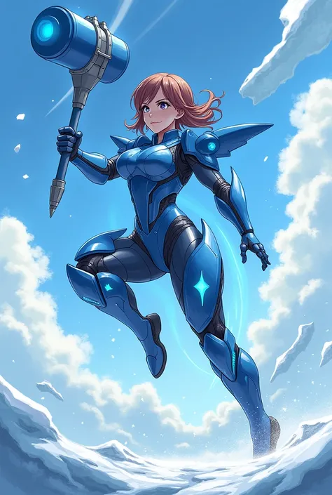 A woman in technological blue armor, invisible hammer, with turbines on the legs wings on the feet, speed rays, fighting on the ice, アニメ