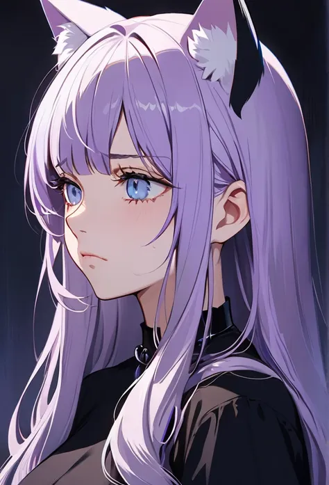 1girl, cat ears, long hair, bangs, light purple hair, gorgeous blue eyes, eyeliner, long lashes, sad, frown, collar, black top, ...