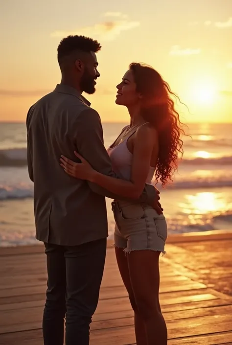 generate an action scene where a couple of lovers (a handsome black man and a Latin woman with dark chocolate skin) are on a boardwalk facing the sea, warm colors, be creative and achieve a book cover image