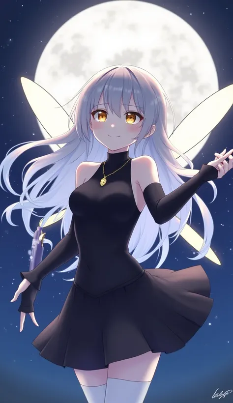 japanese anime style, high resolution, Magical girl, 12 years old, flat chest, Night Sky, smile, Golden Eyes, Gray Hair, Long Hair, black costume, tight fitting costume, Pure white skin, Fairy Wings, Magic Stick, Full moon background, Backlight, Flying in ...