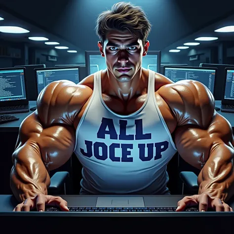 Big muscles. Sweating. Male college student wearing a shirt that says ALL JOCKED UP sits in front of a monitor in a dark computer lab at night. Staring vapidly with a blank expression at the glowing screen with his mouth hanging open under deep hypnosis. R...