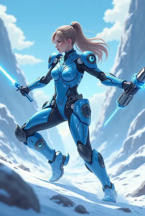 A woman in technological blue armor, invisible hammer, with turbines on the legs wings on the feet, speed rays, fighting on the ice, アニメ